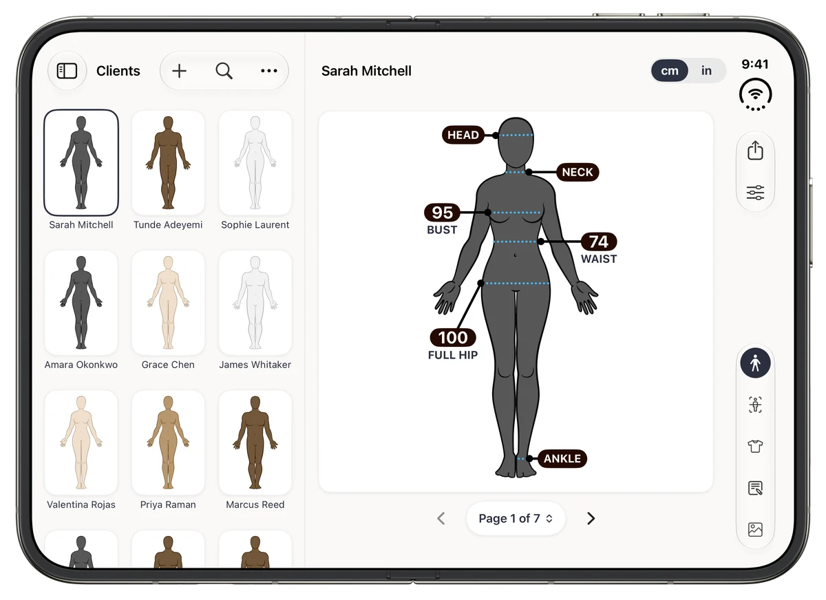 The client list beside Sarah Mitchell’s body figure on the open iPhone Duo, labelled bust 95, waist 74 and full hip 100 cm.