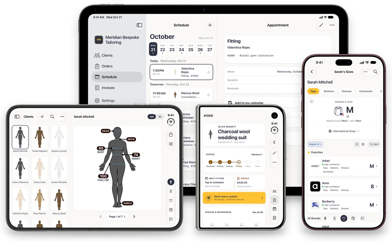 Dress Measurement on four devices: an open iPhone Duo showing Sarah Mitchell's body measurements beside the client list, a closed iPhone Duo showing an order at the Fitting step, an iPad showing the schedule, and an iPhone showing Sarah's size recommendations.