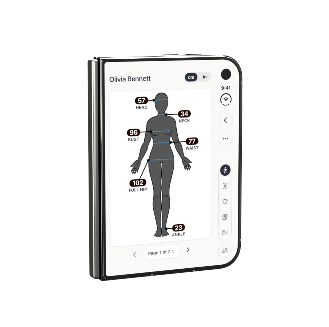 A closed iPhone Duo showing Olivia Bennett’s measurements on its outer display.