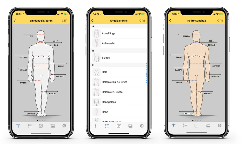 Dress Measurement app available in new languages: Spanish, French, and German.