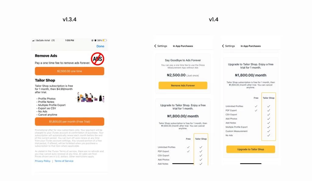In-app purchases page redesign.