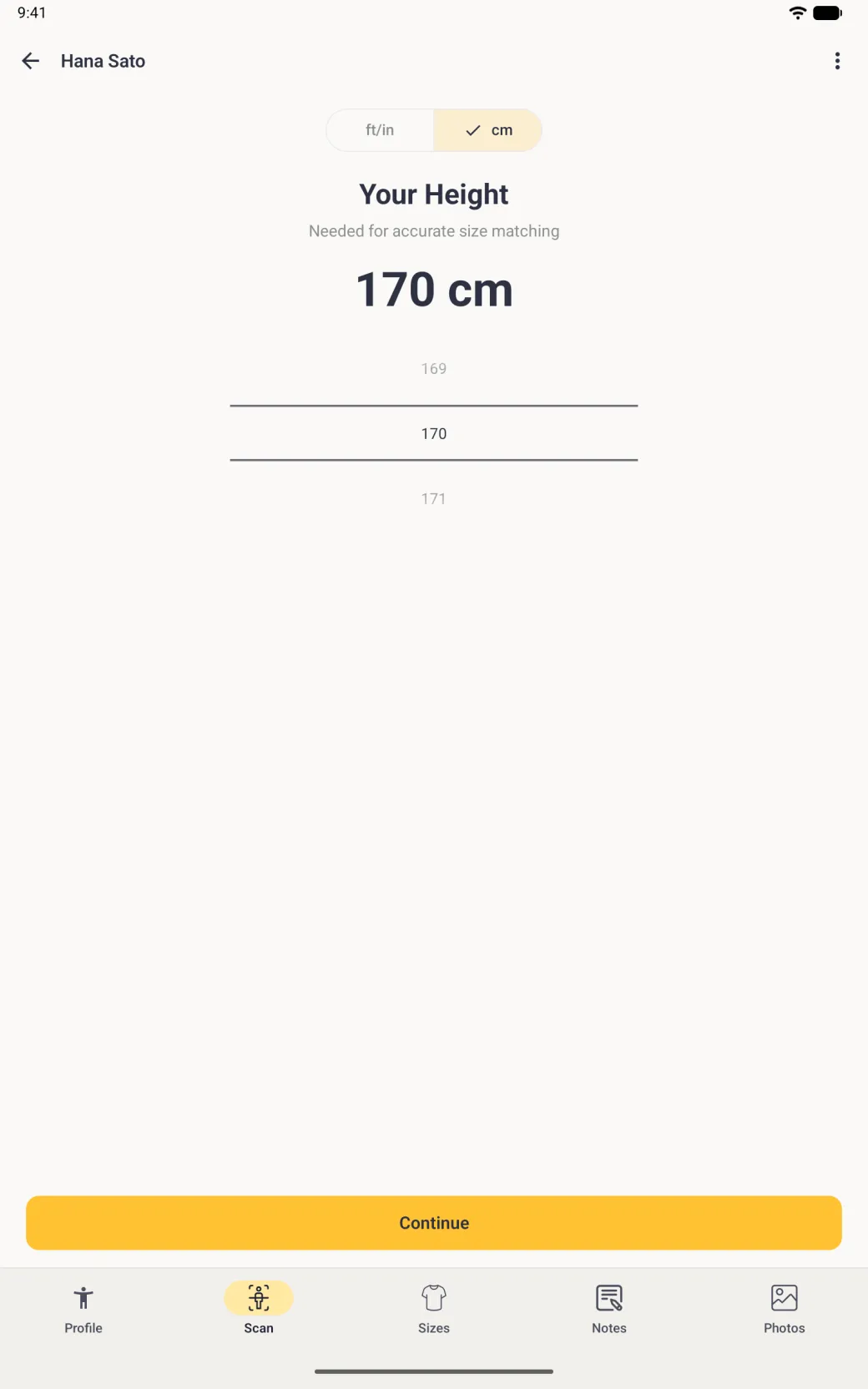 A full-screen Your Height screen inside a profile's Scan tab on a tablet, with an ft/in and cm switch set to cm, the title Your Height, Needed for accurate size matching, a large reading of 170 cm, a number picker showing 169, 170 and 171 between two divider lines, a wide empty band, a full-width yellow Continue button and the profile tab bar with Profile, Scan, Sizes, Notes and Photos.