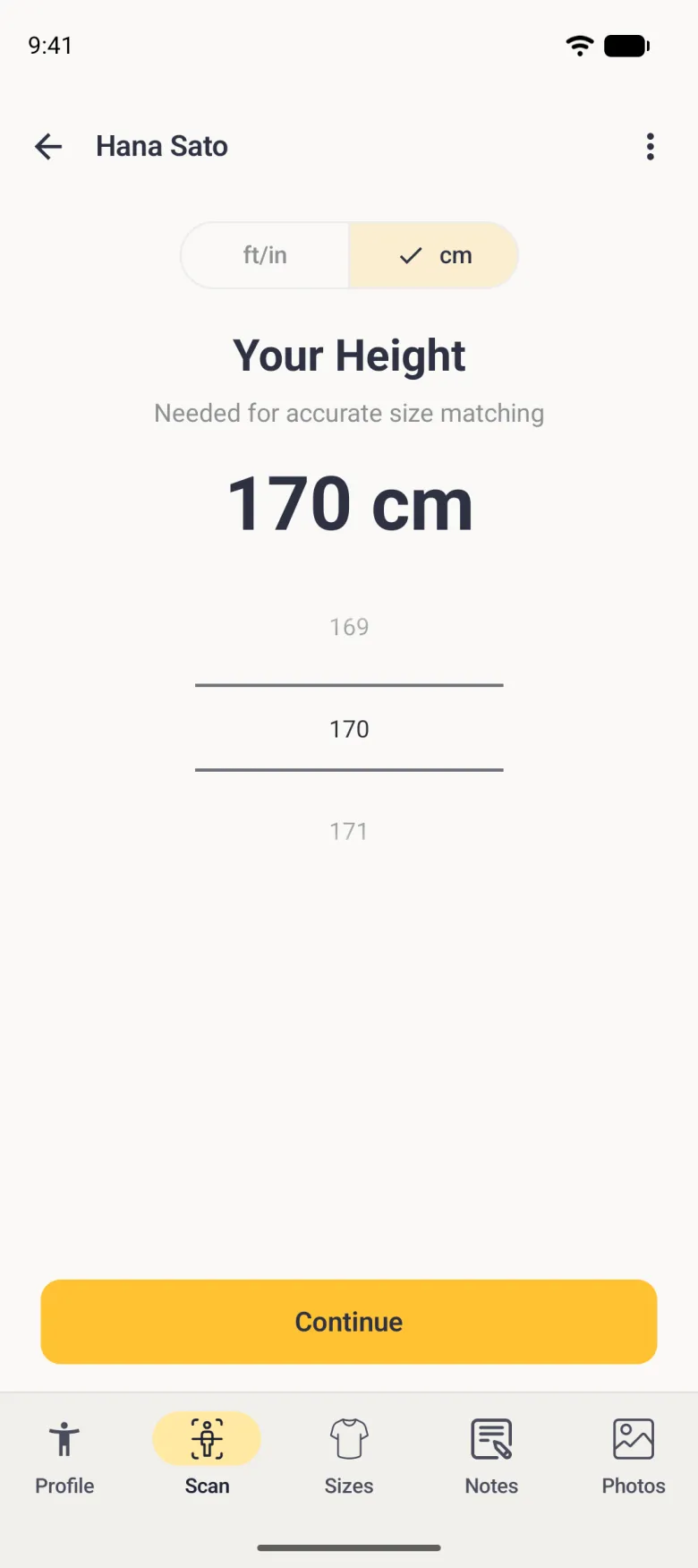 A Your Height screen inside a profile's Scan tab with an ft/in and cm switch set to cm, the title Your Height, Needed for accurate size matching, a large reading of 170 cm, a scroll wheel showing 169, 170 and 171, a yellow Continue button and the profile tab bar with Profile, Scan, Sizes, Notes and Photos.