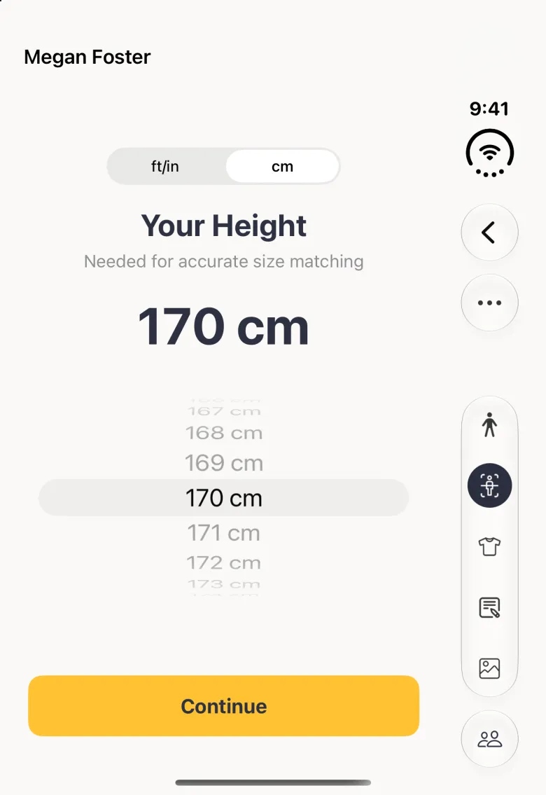 Your Height screen on the closed Duo under Megan Foster's name: an ft/in and cm switch set to cm, the title Your Height with Needed for accurate size matching below it, a large reading of 170 cm, a scroll wheel of heights and a wide gold Continue button; the vertical bar strip on the right holds Back and a round more button near the top, the five section buttons with Body Scan selected, and a round Clients button at its foot.