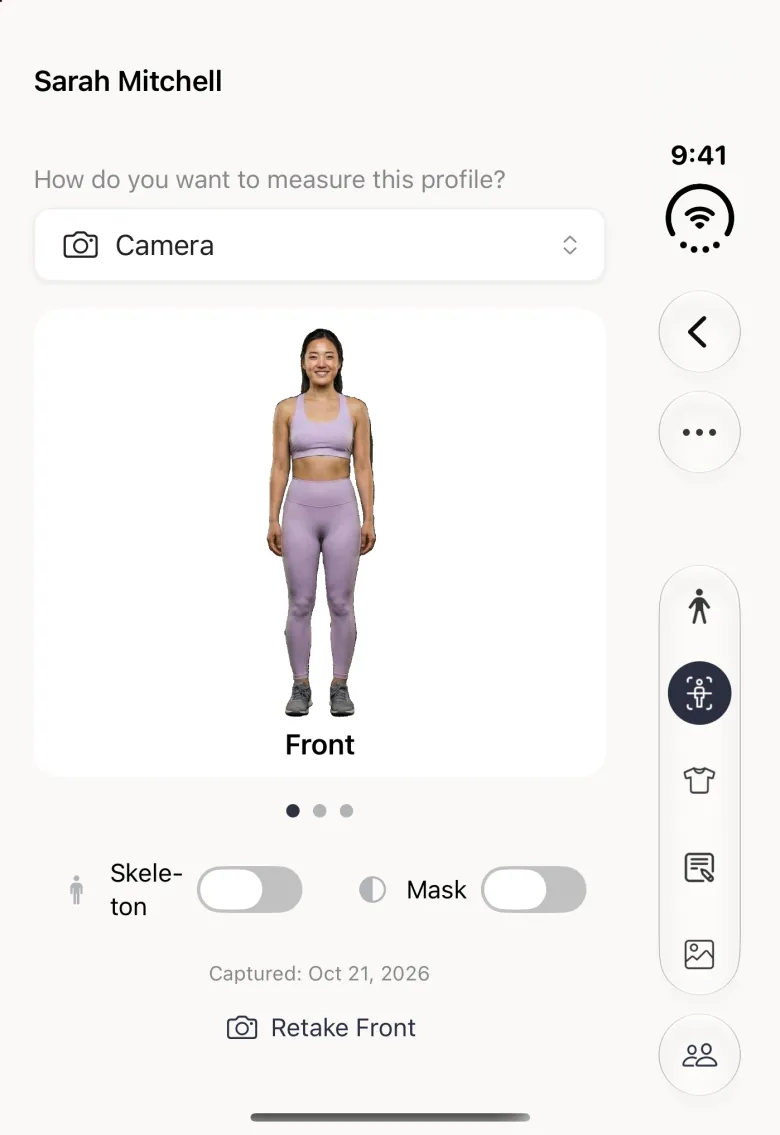 Body Scan section on the closed Duo with the measuring mode set to Camera, a front-facing photo of a woman with the background removed labelled Front, three page dots with the first filled, Skeleton and Mask switches turned off (the Skeleton label wraps onto two lines), a Captured line with the date and a Retake Front link; the five section buttons, Body Scan selected, sit in the vertical bar strip on the right.