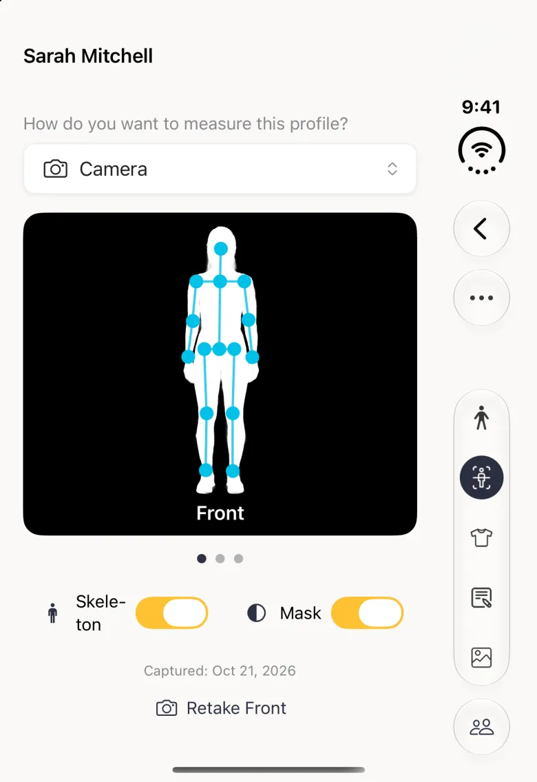 A white silhouette of a standing figure on a black panel with the blue skeleton overlaid on top and the label Front, and both the Skeleton and Mask switches on in gold, in the Body Scan section on the closed Duo with the section buttons in the vertical bar strip on the right.