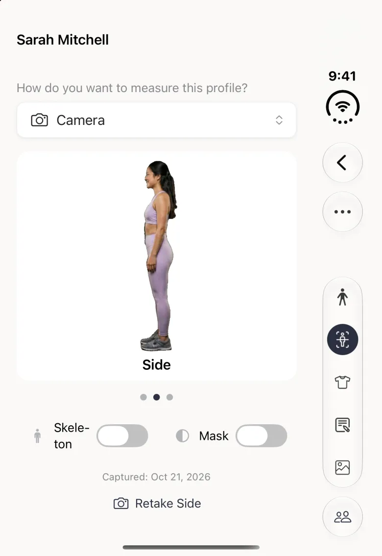 Body Scan section on the closed Duo showing the side-view photo of the scan labelled Side, with the middle of three page dots filled, Skeleton and Mask switches off and a Retake Side link; the section buttons sit in the vertical bar strip on the right.