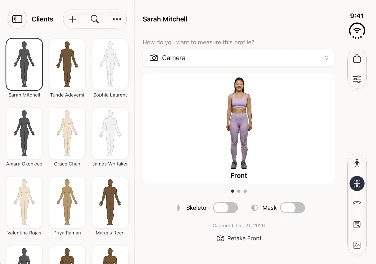 Body Scan section on the right of the split view with the measuring mode set to Camera, a front-facing photo of a woman with the background removed labelled Front, three page dots with the first filled, Skeleton and Mask switches turned off, a Captured line with the date and a Retake Front link; the Clients grid is on the left and the five section buttons, Body Scan selected, are in the vertical bar strip on the right edge.