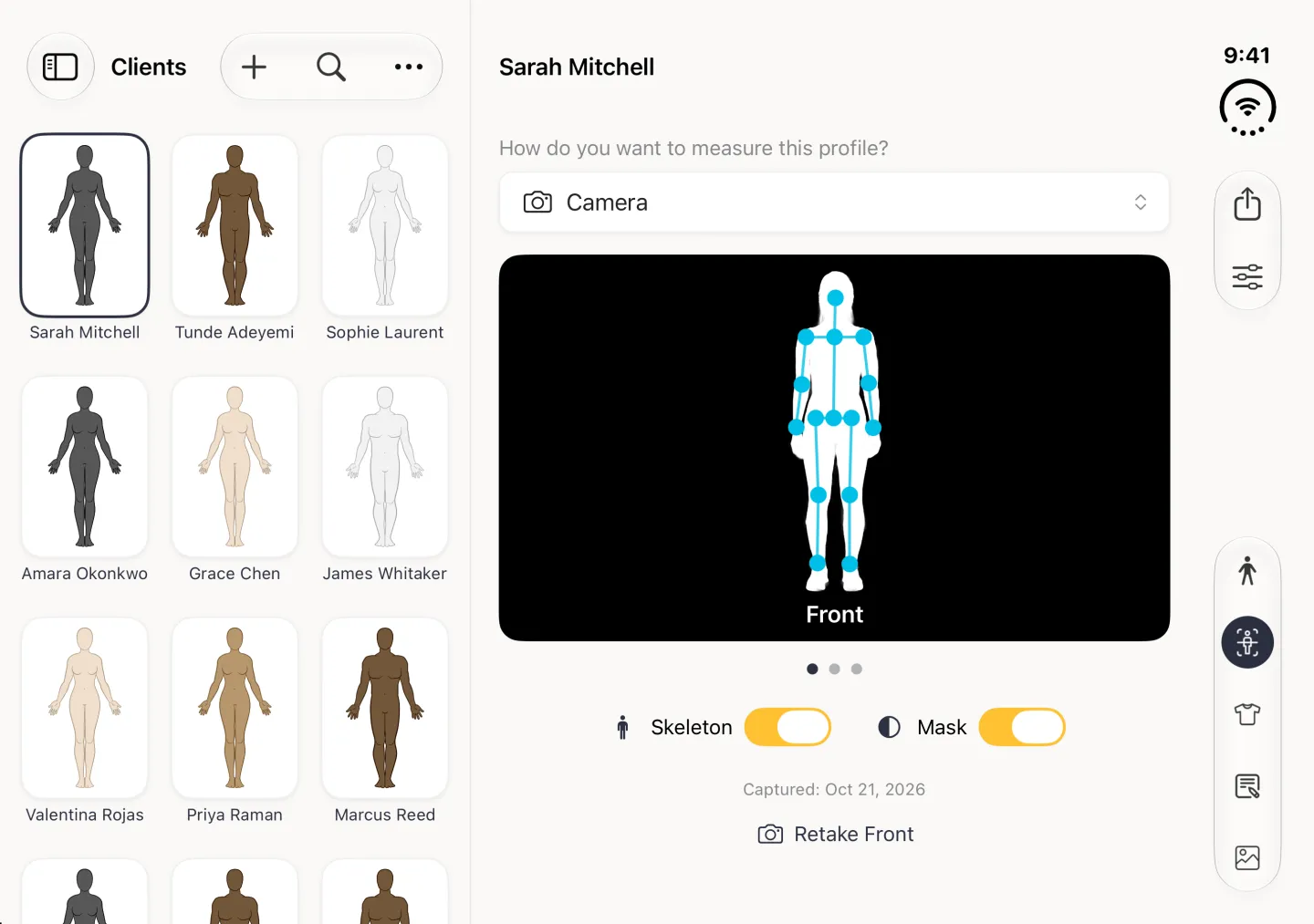 A white silhouette of a standing figure on a wide black panel with the blue skeleton overlaid on top and the label Front, and both the Skeleton and Mask switches on in gold, in the Body Scan section of the split view.