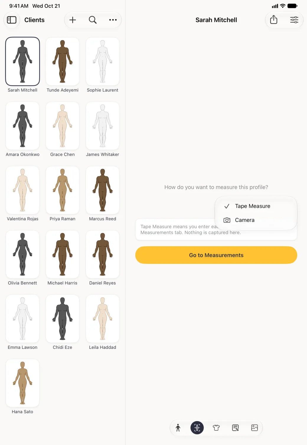 Sarah Mitchell's Body Scan section beside the Clients grid in portrait, under the question How do you want to measure this profile?, with the mode menu open offering Tape Measure (ticked) and Camera over the Tape Measure note and a gold Go to Measurements button; the Body Scan button is selected in the section capsule at the bottom.