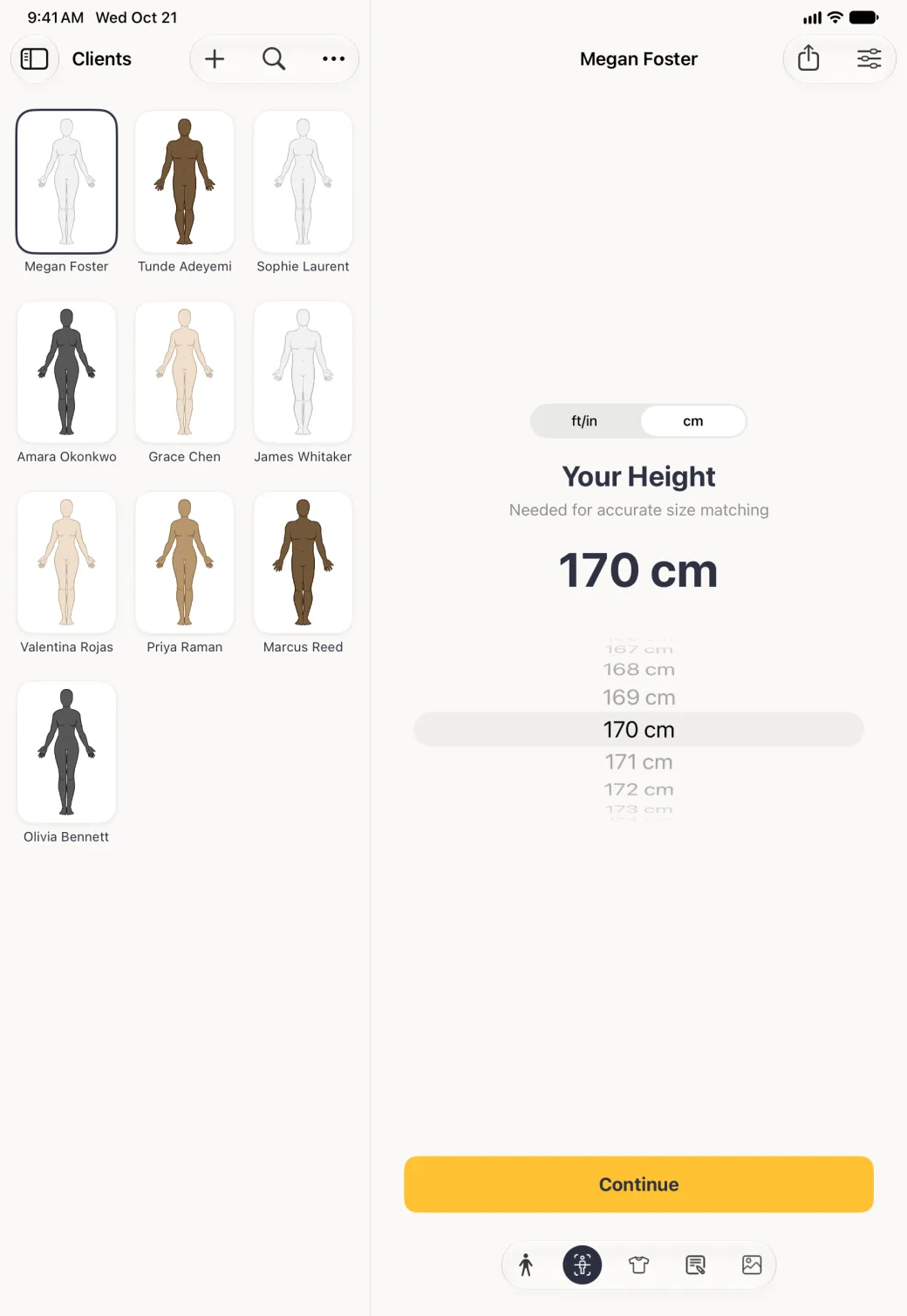 Split view in portrait: the Clients grid on the left with Megan Foster outlined in navy, and on the right her Body Scan section under her name, showing an ft/in and cm switch set to cm, the title Your Height with Needed for accurate size matching under it, a large reading of 170 cm, a scroll wheel of heights centred on 170 cm, a gold Continue button and the section capsule at the bottom with the Body Scan button selected.
