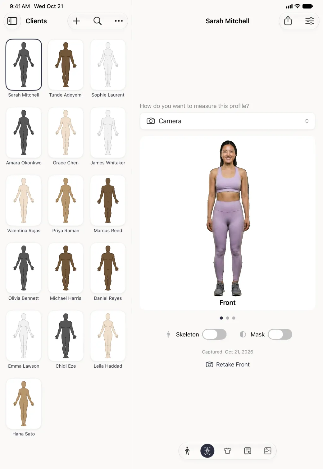 Sarah Mitchell's Body Scan section beside the Clients grid in portrait: the mode picker reads Camera, a white card shows the front photo of the scan with its background removed, labelled Front, above three page dots, Skeleton and Mask switches both off, Captured: Oct 21, 2026 and a Retake Front button.