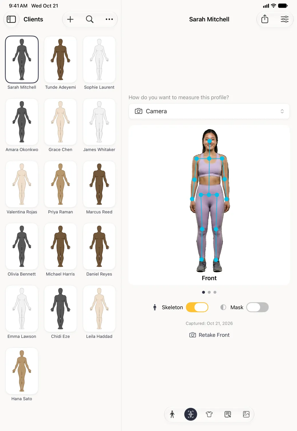 The same front photo in the Body Scan section beside the Clients grid, now with bright blue dots on the nose, shoulders, elbows, wrists, hips, knees and ankles joined by blue lines, and the Skeleton switch turned on in gold.