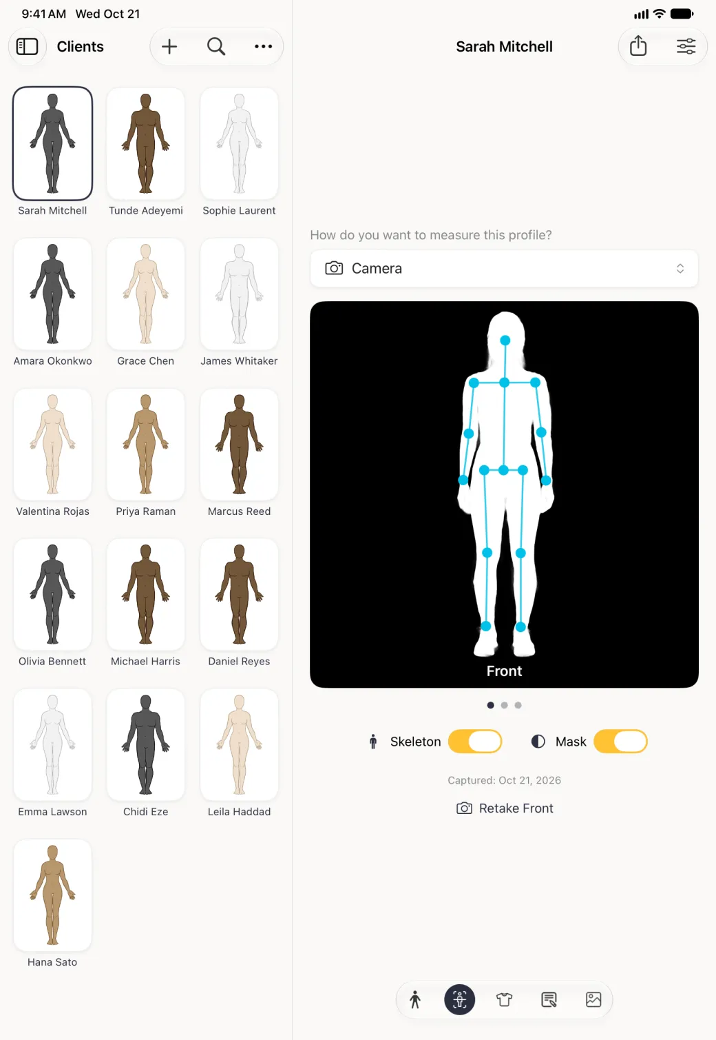 A white silhouette of a standing figure on a black card with the blue skeleton overlaid on top, labelled Front, in the Body Scan section beside the Clients grid, with both the Skeleton and Mask switches turned on in gold.