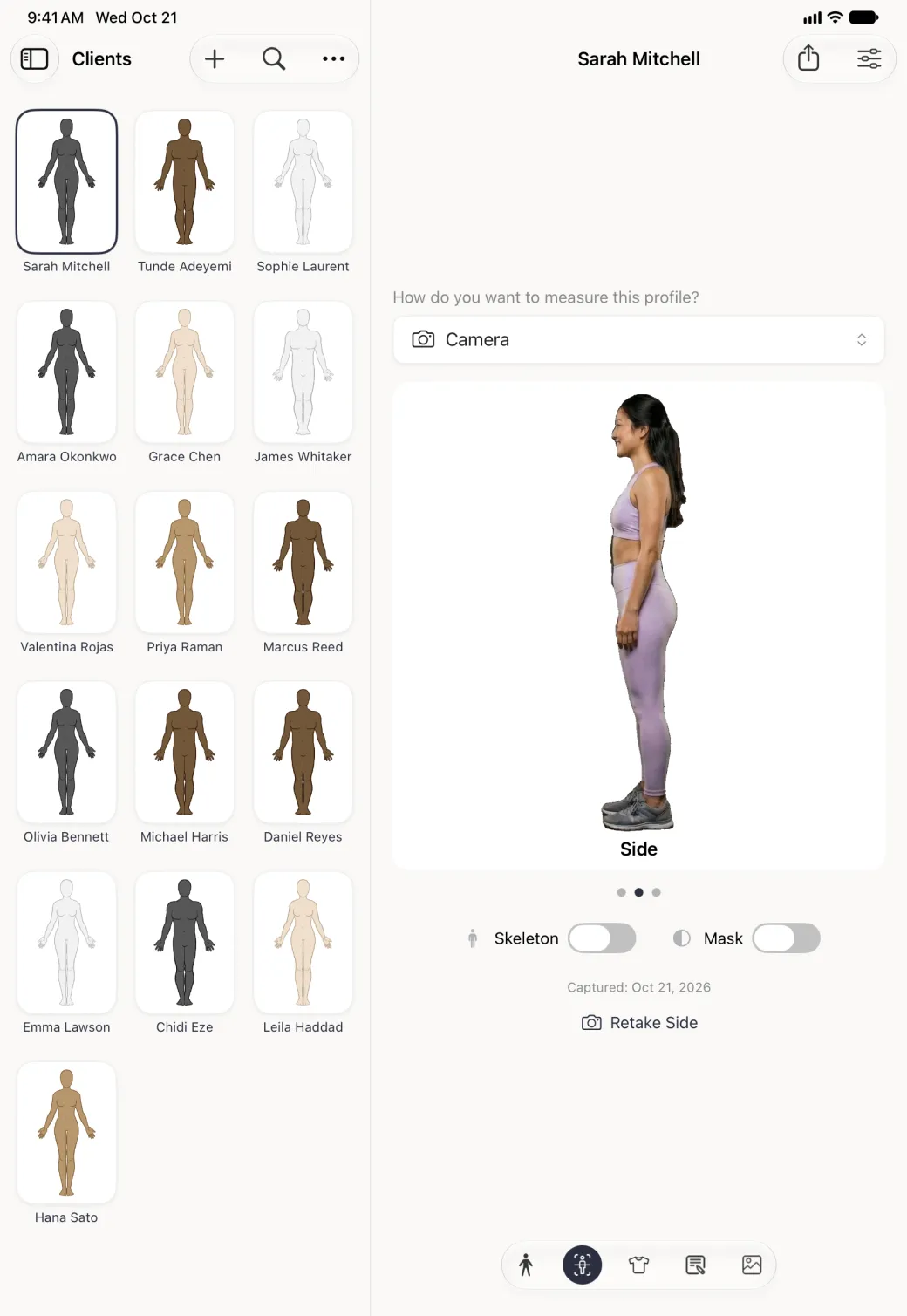 The Body Scan section beside the Clients grid in portrait showing the side-view photo of the scan labelled Side, with the middle of three page dots filled, Skeleton and Mask switches off and a Retake Side button.