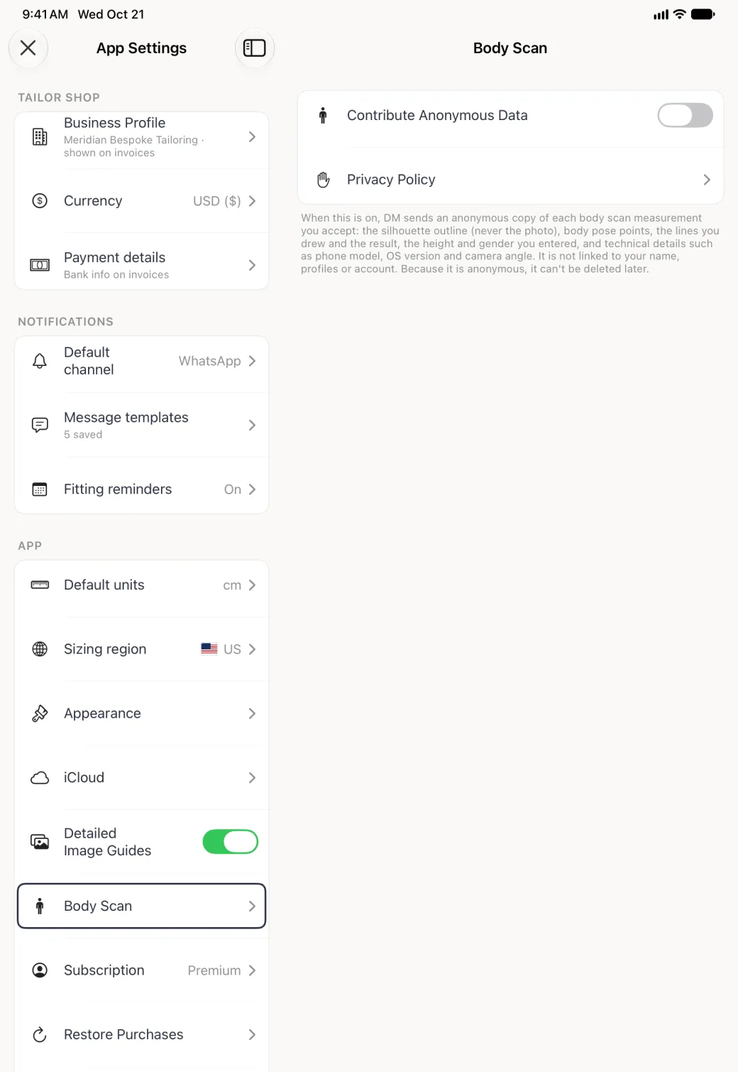 A Body Scan settings card centred over the dimmed profile split view, with a Contribute Anonymous Data switch turned on in green above the line 2 measurements contributed, a Privacy Policy row, and a paragraph explaining what DM sends, the silhouette outline but never the photo, pose points, the lines drawn, height, gender and technical details, and that it is not linked to your name, profiles or account and can't be deleted later.