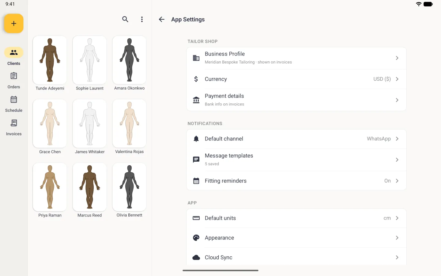 App Settings in the right-hand pane beside the navigation rail and the client grid, listing Business Profile (Meridian Bespoke Tailoring, shown on invoices), Currency USD ($) and Payment details under Tailor Shop, then Default channel WhatsApp, Message templates (5 saved) and Fitting reminders On under Notifications.