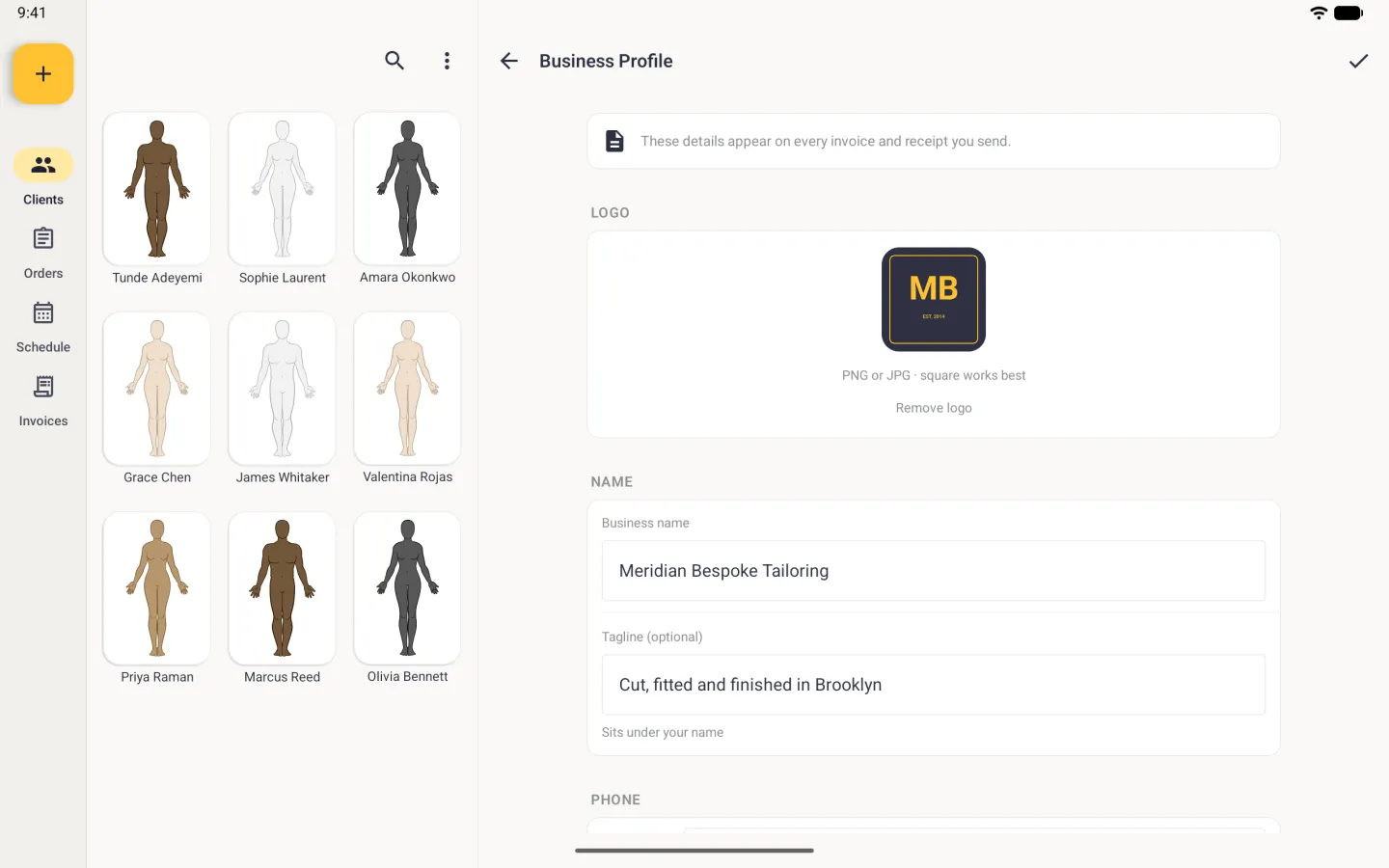 Business Profile in the right-hand pane beside the navigation rail and the three-column client grid, with a banner noting that these details appear on every invoice and receipt you send, a Logo card holding a navy square logo with a gold frame and gold MB, the hint PNG or JPG, square works best and a Remove logo link, then a Name card with the business name Meridian Bespoke Tailoring and, below a divider, the tagline Cut, fitted and finished in Brooklyn with the hint Sits under your name, and the Phone heading at the bottom edge.
