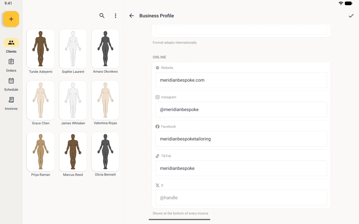 Business Profile in the right-hand pane beside the navigation rail and the client grid, scrolled to the Online card under the hint Format adapts internationally: Website meridianbespoke.com with a globe icon, Instagram @meridianbespoke, Facebook meridianbespoketailoring, TikTok meridianbespoke and an empty X field with the placeholder @handle, each label led by its monochrome platform logo, above the note Shown at the bottom of every invoice.