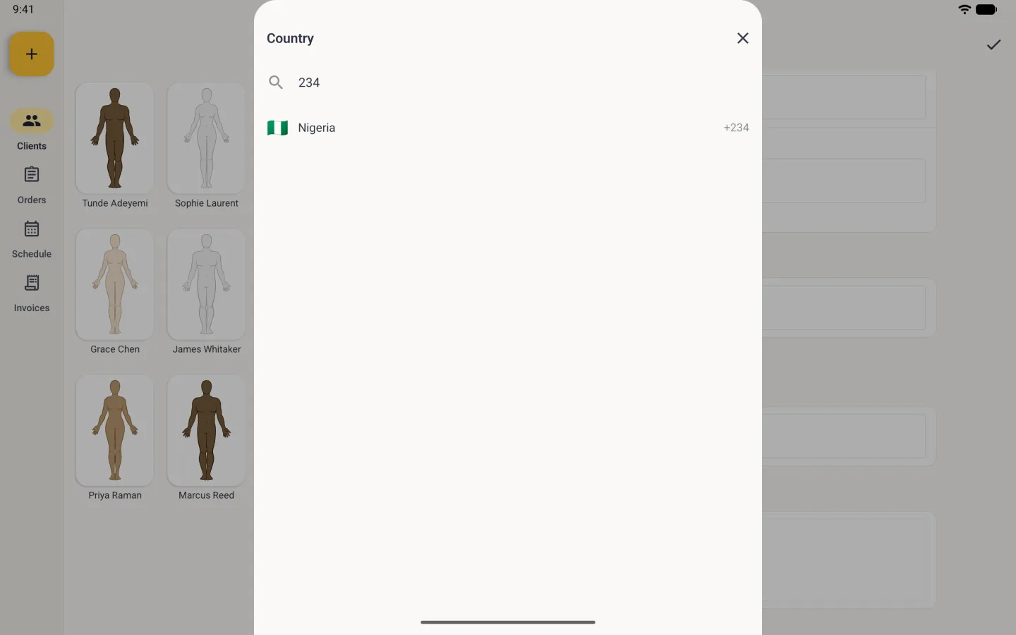 Country sheet centred over the dimmed Business Profile and client grid, with a close X at its top right, 234 typed in the search field and a single result, Nigeria, showing the code +234.