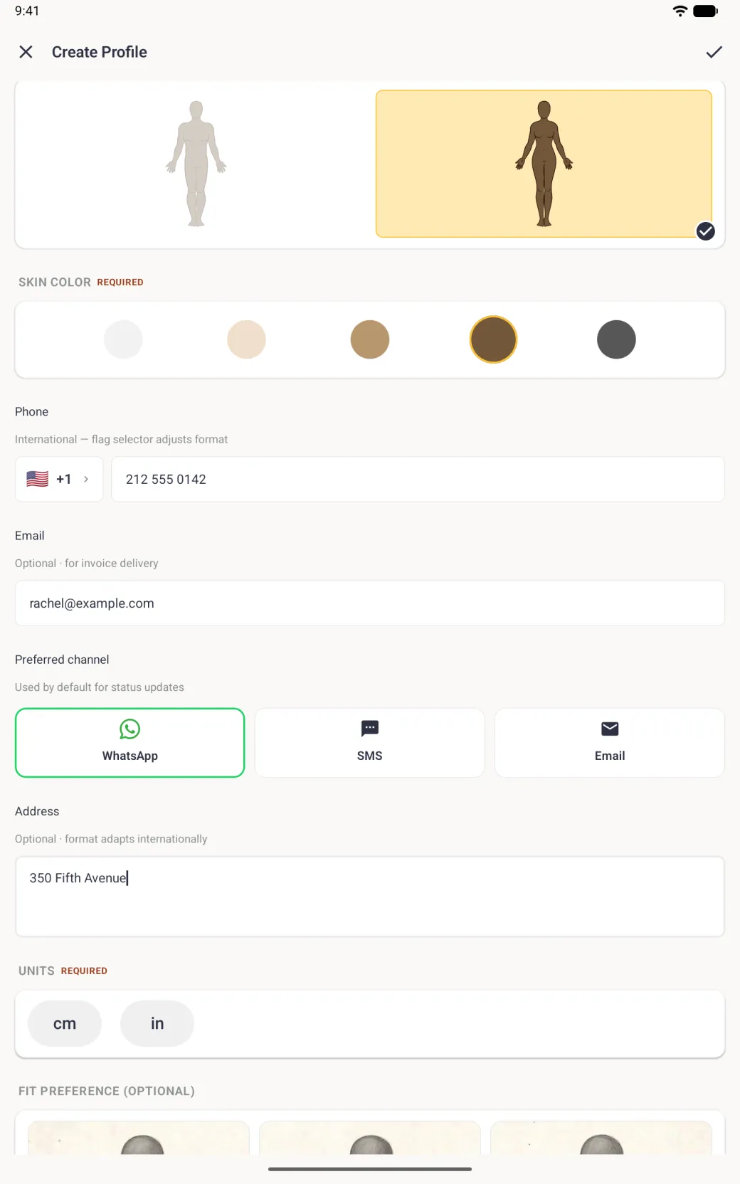 Client form showing the phone 212 555 0142, the email address, three wide channel cards with WhatsApp outlined in green, and an address box reading 350 Fifth Avenue, above the cm and in Units buttons.
