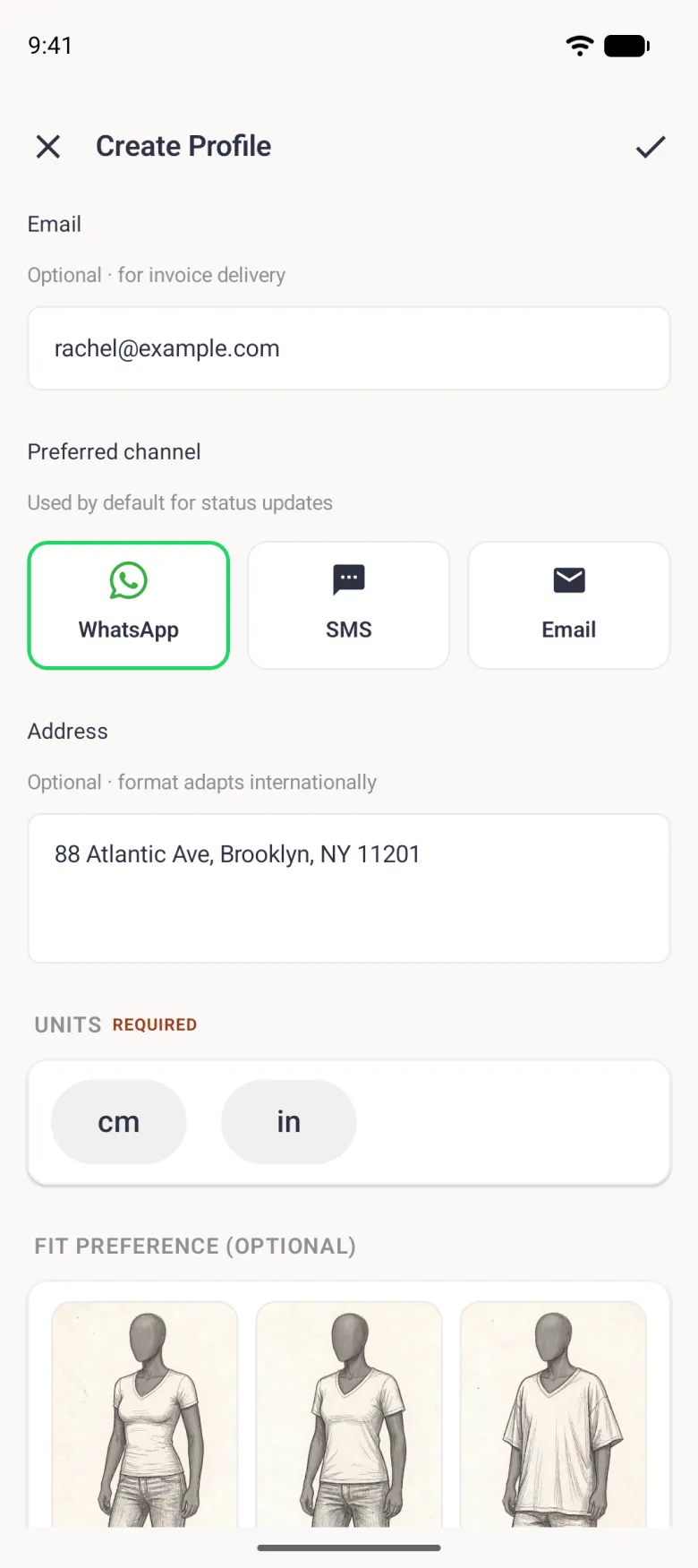 Client form showing the email address, Preferred channel cards for WhatsApp outlined in green, SMS and Email, an address box reading 88 Atlantic Ave, Brooklyn, NY 11201, and the Units and Fit Preference sections below.