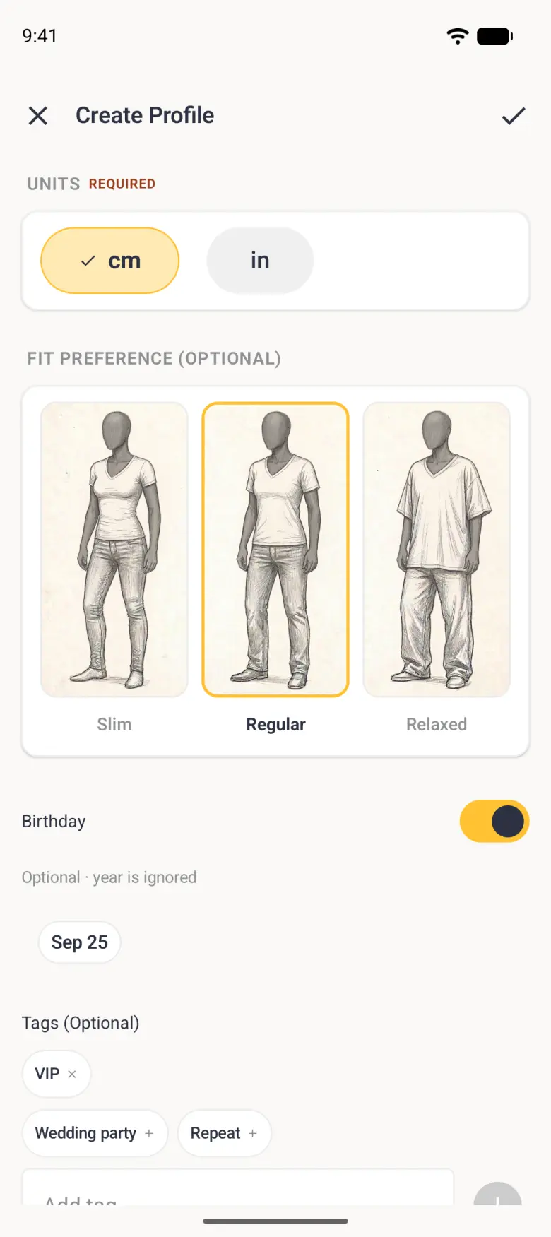 Lower part of the client form with cm ticked, a Regular fit preference outlined in gold, the Birthday switch on with a date chip, an applied VIP tag with a cross, and suggestions for Wedding party and Repeat with plus signs.