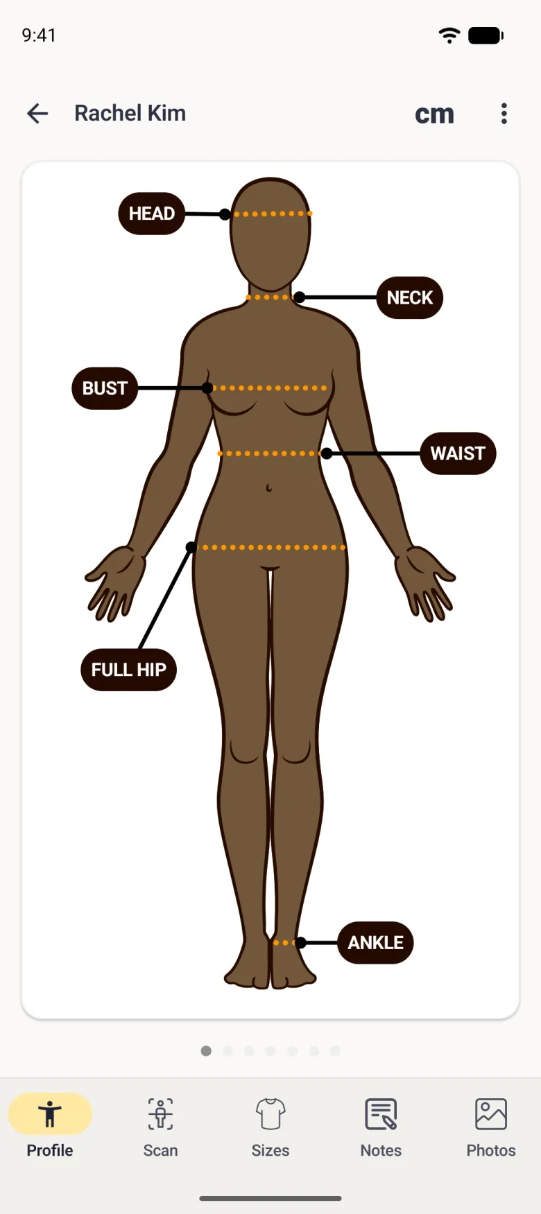 Rachel Kim profile with a brown woman avatar labelled Head, Neck, Bust, Waist, Full Hip and Ankle, a cm toggle and three-dot button in the top bar, and a bottom bar with Profile, Scan, Sizes, Notes and Photos.
