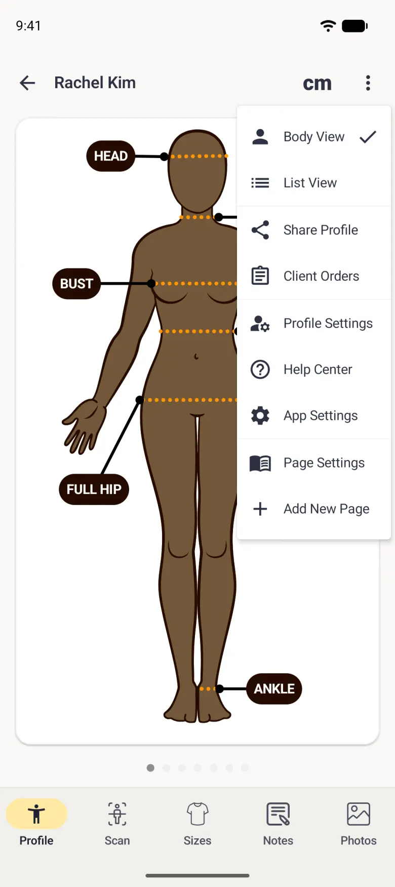 Client menu over Rachel Kim's avatar listing, each with an icon, Body View with a tick, List View, Share Profile, Client Orders, Profile Settings, Help Center, App Settings, Page Settings and Add New Page.