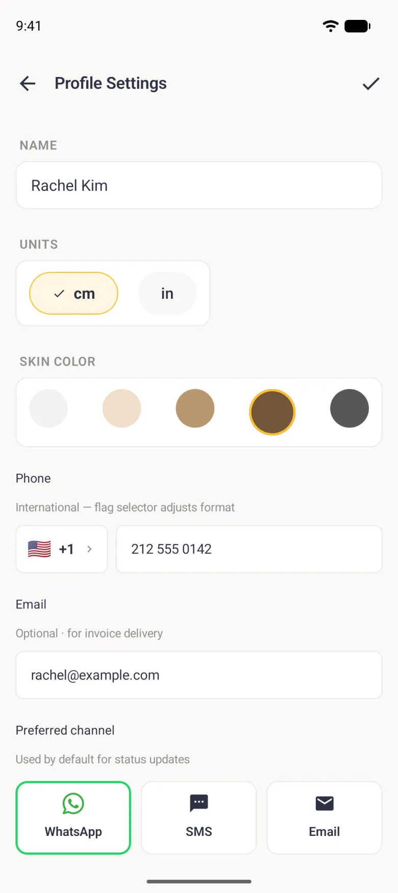 Profile Settings for Rachel Kim with a Name field, cm ticked under Units, the brown skin tone ringed in gold, a Phone row with plus 1 and 212 555 0142, the email address, and Preferred channel cards with WhatsApp outlined in green.