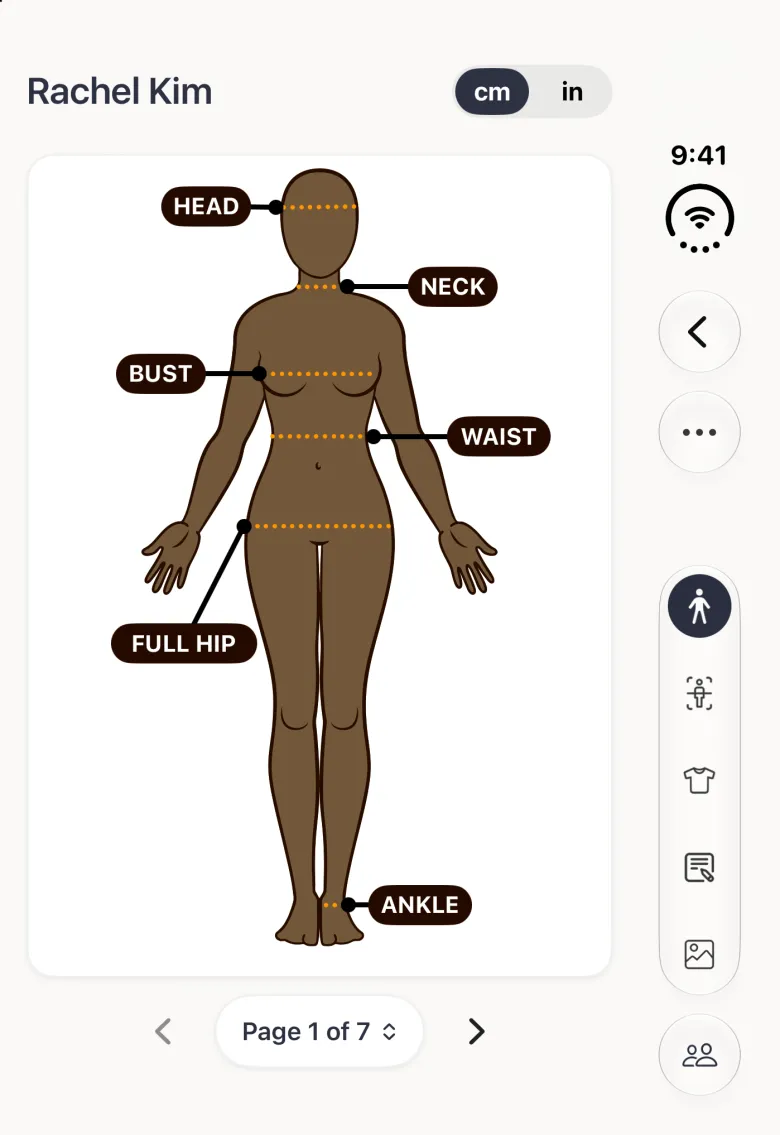 A newly created client's body view on the closed iPhone Duo: the name Rachel Kim beside a cm and in switch at the top, a brown-toned avatar labelled head, neck, bust, waist, full hip and ankle, and a Page 1 of 7 control under it; the vertical bar strip on the right edge holds a back button and a round more button (three dots), then a capsule of five section buttons with Measurements selected as a navy disc, and a round Clients button at the foot.