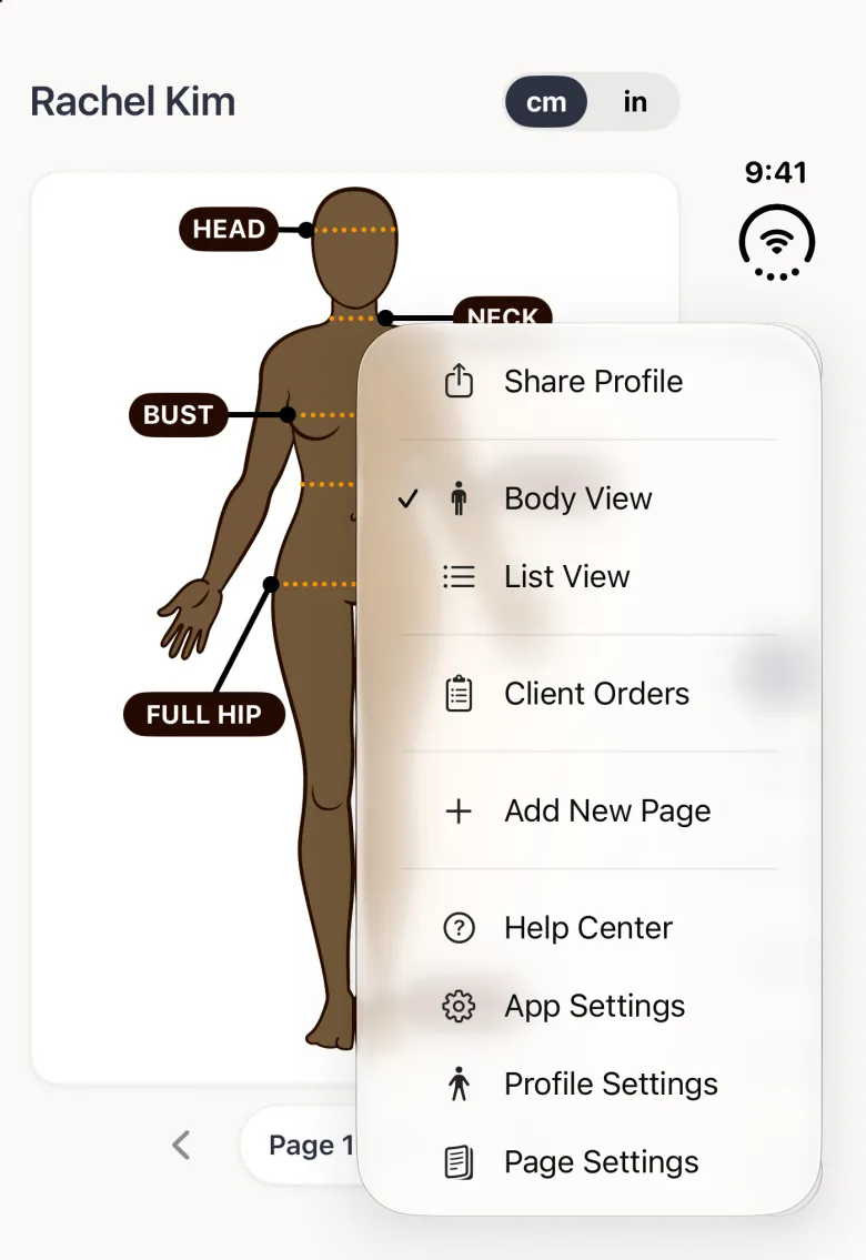 Client more menu on the closed iPhone Duo, opened from the round three-dot button in the vertical bar strip on the right edge and covering the strip: Share Profile, Body View with a tick, List View, Client Orders, Add New Page, Help Center, App Settings, Profile Settings and Page Settings, over Rachel Kim's brown-toned avatar.