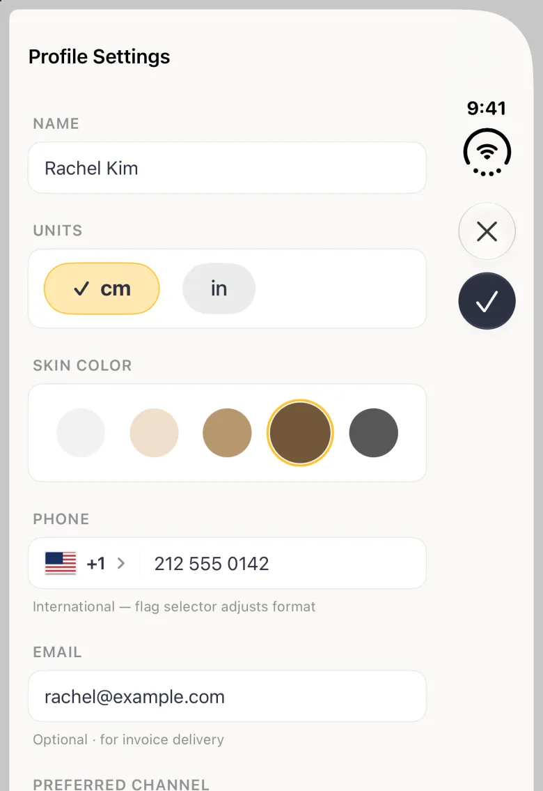 Profile Settings sheet on the closed iPhone Duo with a cross button and a navy checkmark button stacked in the vertical bar strip on the right edge: the name Rachel Kim in a white card under NAME, cm and in buttons under UNITS with cm ticked, five skin tone circles under SKIN COLOR with brown ringed in gold, then PHONE +1 212 555 0142, her email under EMAIL and the PREFERRED CHANNEL heading at the bottom edge.