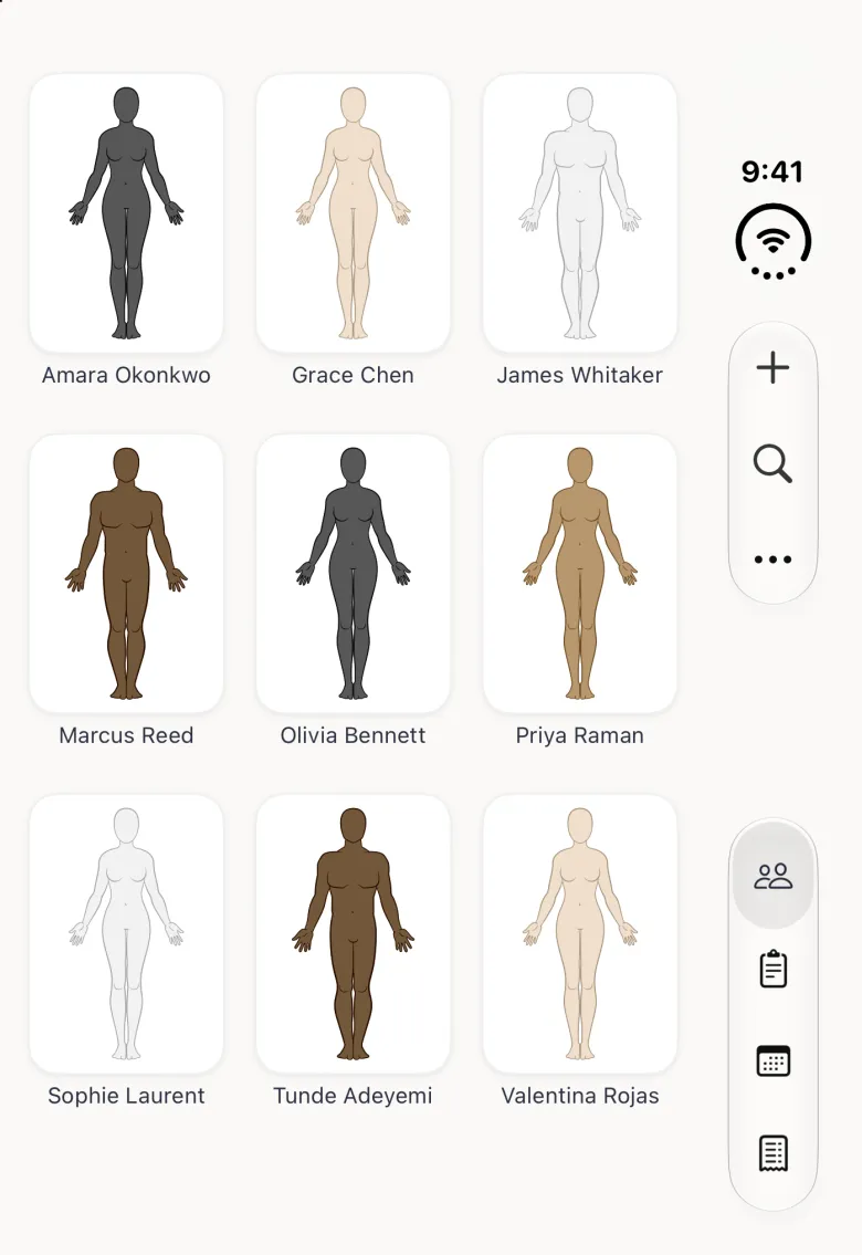 Clients grid on the closed iPhone Duo in alphabetical order, three cards to a row: Amara Okonkwo, Grace Chen and James Whitaker, then Marcus Reed, Olivia Bennett and Priya Raman, then Sophie Laurent, Tunde Adeyemi and Valentina Rojas, with the plus, search and more buttons and the four tab buttons in the vertical bar strip on the right edge.