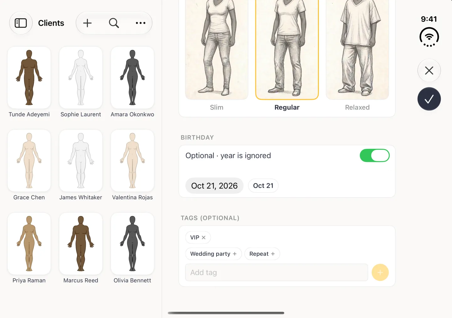 Lower part of the Create Profile form in its column beside the Clients grid on the open Duo in landscape: the fit preference drawings with Regular outlined in gold, the Birthday switch on in green with an Oct 21, 2026 date button and an Oct 21 chip, an applied VIP tag with a cross, and the remaining suggestions Wedding party and Repeat above an Add tag field; the close and navy checkmark buttons sit in the vertical bar strip on the right edge.