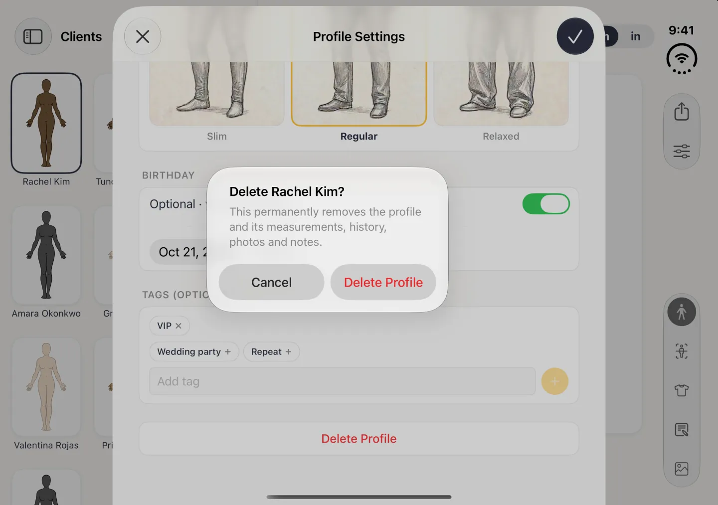 Alert titled Delete Rachel Kim? explaining that it permanently removes the profile and its measurements, history, photos and notes, with Cancel and a red Delete Profile button, over the Profile Settings card scrolled to its Birthday, Tags and Delete Profile rows, in landscape.