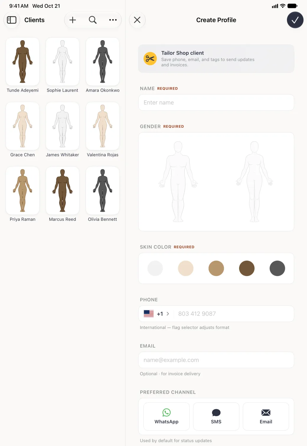 Create Profile form in the right-hand column beside the Clients grid of nine seeded clients, with a cross at the top left and a navy checkmark at the top right, a Tailor Shop client banner with a gold scissors badge, an empty name field under NAME REQUIRED, the man and woman outlines in a white card under GENDER REQUIRED, five skin tones in a white card under SKIN COLOR REQUIRED, a PHONE field with a US flag, +1 and the placeholder 803 412 9087, an EMAIL field and three PREFERRED CHANNEL cards, WhatsApp, SMS and Email.