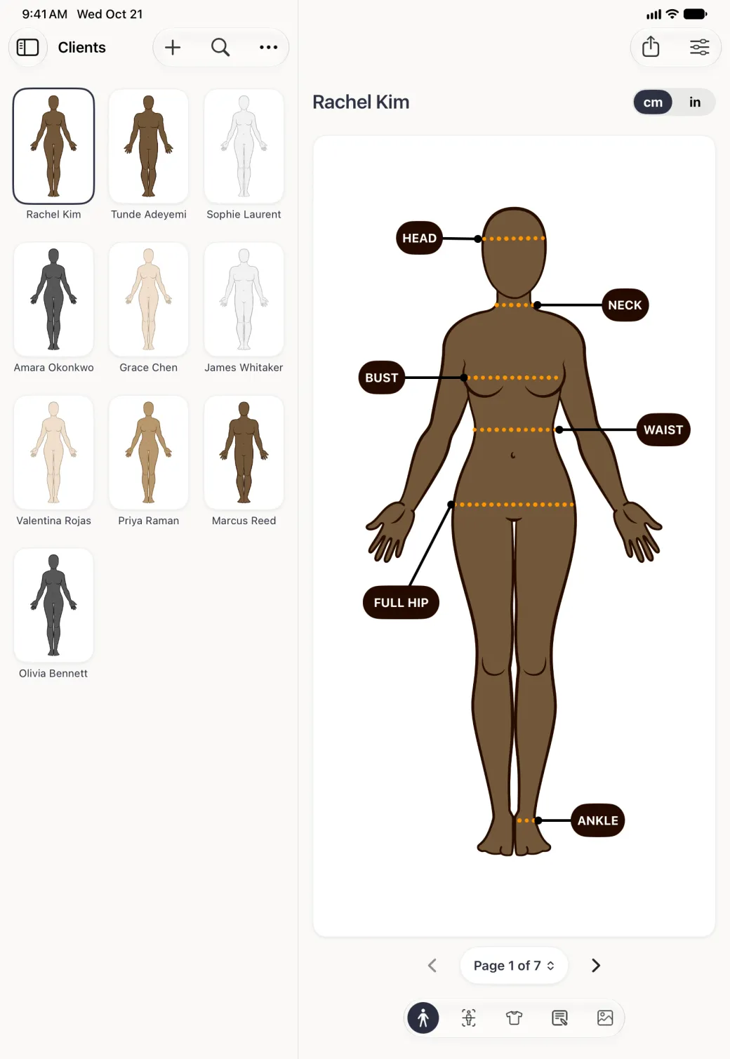 The new client Rachel Kim open in the right-hand column beside the Clients grid, where her card now leads the grid outlined in navy; at the top right a share button and an options button, the name Rachel Kim beside a cm and in switch with cm selected, a brown-toned avatar labelled head, neck, bust, waist, full hip and ankle, a Page 1 of 7 control, and five round section buttons in a capsule at the bottom.