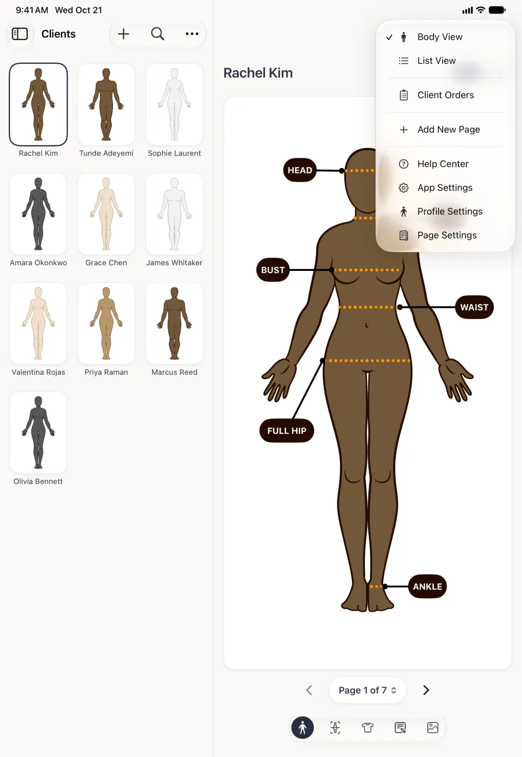 Client options menu open at the top right of Rachel Kim's profile, beside the Clients grid, listing Body View with a tick, List View, Client Orders, Add New Page, Help Center, App Settings, Profile Settings and Page Settings over her brown-toned avatar.