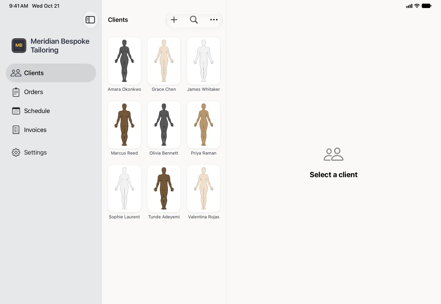 Client grid in alphabetical order beside the sidebar, running Amara Okonkwo, Grace Chen, James Whitaker, Marcus Reed and Olivia Bennett across the first row and Priya Raman, Sophie Laurent, Tunde Adeyemi and Valentina Rojas across the second.