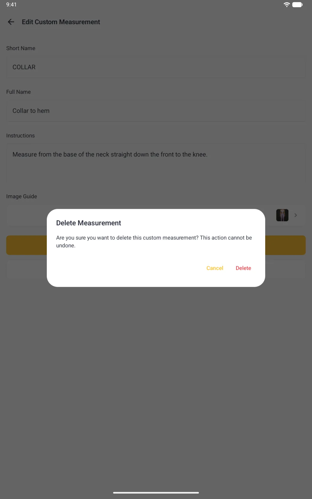A Delete Measurement dialog centred over the dimmed Edit Custom Measurement page, reading Are you sure you want to delete this custom measurement? This action cannot be undone, with Cancel in gold and Delete in red.