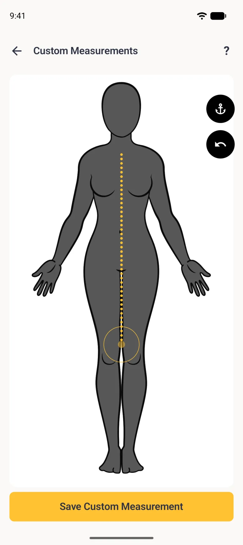 The charcoal figure with a gold dotted line running from the base of the neck straight down the front of the body to just above the knee, a black anchor button and an undo button at the right edge, and a yellow Save Custom Measurement button below.