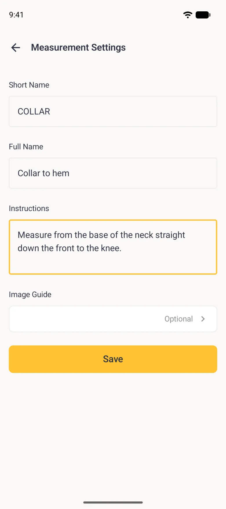 A Measurement Settings page with Short Name COLLAR, Full Name Collar to hem, the instructions Measure from the base of the neck straight down the front to the knee in a gold-outlined box, an optional Image Guide row and a solid gold Save button.
