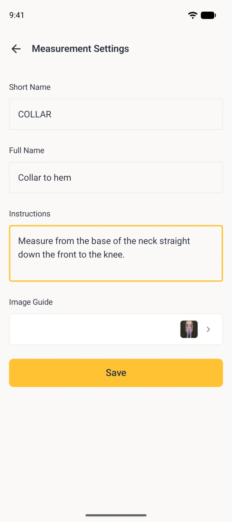 The Measurement Settings page with a small square photo thumbnail now at the right end of the Image Guide row, above the gold Save button.