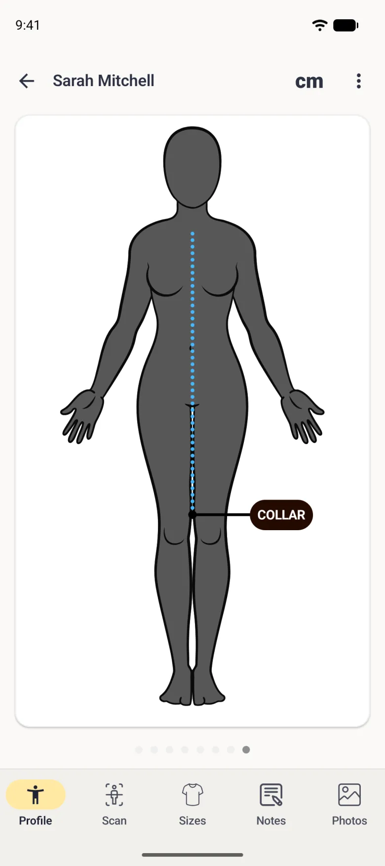 Sarah Mitchell's new page showing the charcoal figure with a blue dotted line from the base of the neck down the front to just above the knee and a dark label pill reading COLLAR beside the knee, with a leader line to the end of the measurement.
