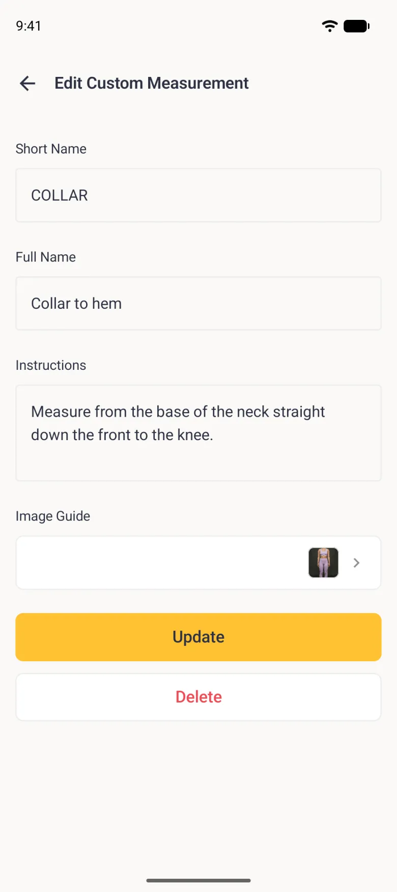 An Edit Custom Measurement page with Short Name COLLAR, Full Name Collar to hem, the instructions, an Image Guide row with a photo thumbnail, a gold Update button and a white Delete button with red text beneath it.
