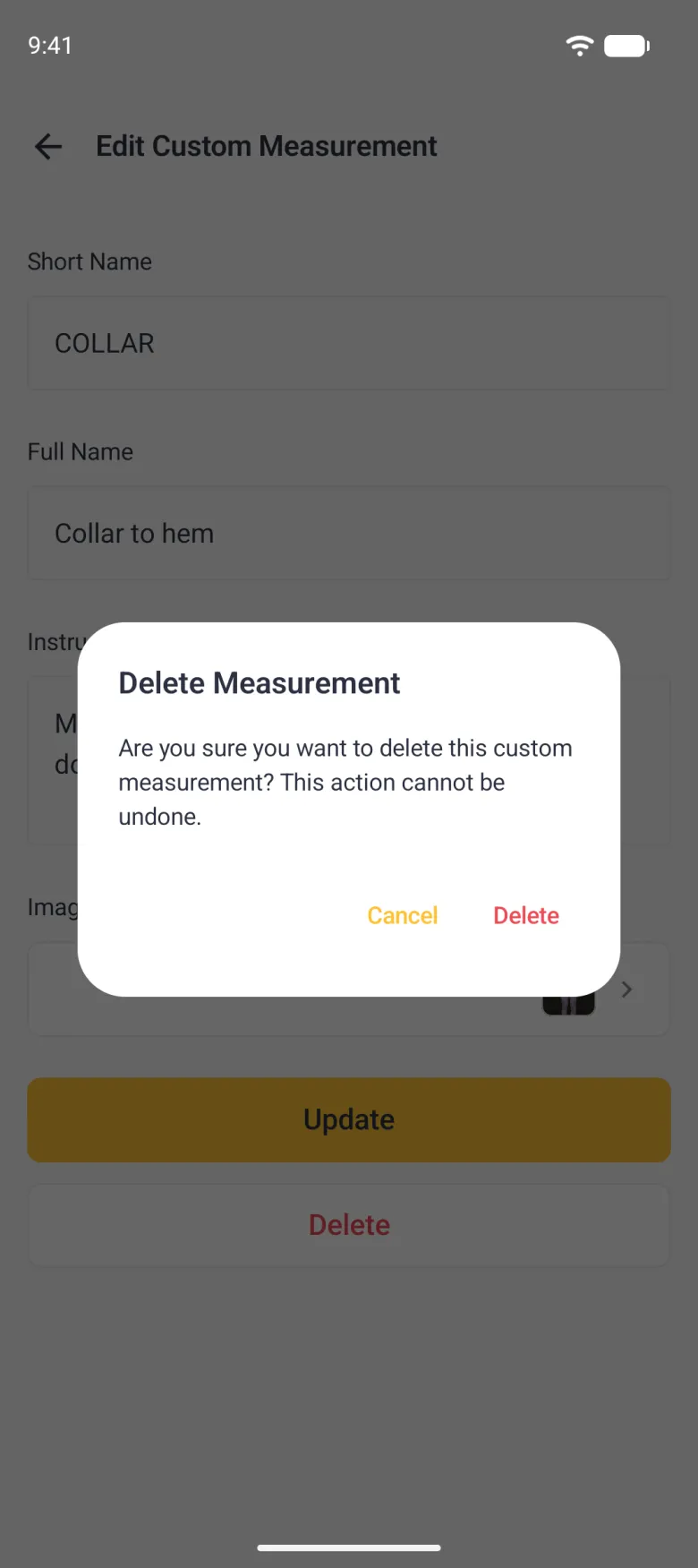 A Delete Measurement dialog over the dimmed Edit Custom Measurement page, reading Are you sure you want to delete this custom measurement? This action cannot be undone, with Cancel in gold and Delete in red.