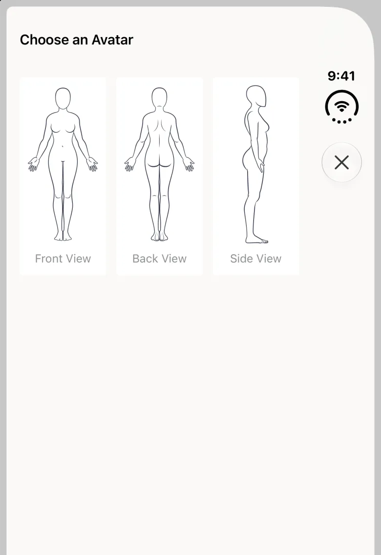 A Choose an Avatar sheet filling the closed Duo, titled at the top left with a close button in the vertical bar strip on the right, and three cards side by side, each a line drawing of a female figure, labelled Front View, Back View and Side View, above empty space.