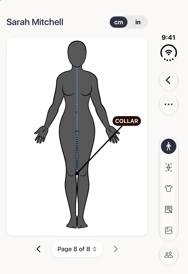 Sarah Mitchell's profile on the closed Duo on Page 8 of 8: the charcoal figure with a blue dotted line down the front from the neck to the knee and a dark label pill reading COLLAR, the name and cm and in switch above; Back, the more button, the five section buttons and the Clients button sit in the vertical bar strip on the right.
