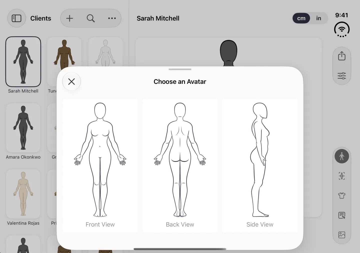 A Choose an Avatar sheet with a grabber and a close button at its top left over the dimmed split view in landscape, with three large cards side by side, each a line drawing of a female figure, labelled Front View, Back View and Side View.